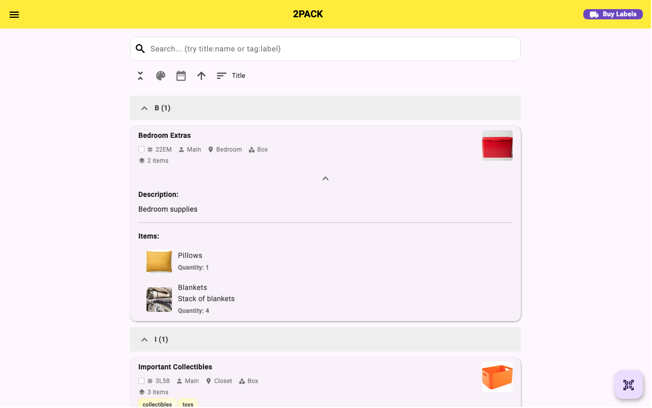 2PACK home screen with a bin expanded showing items inside