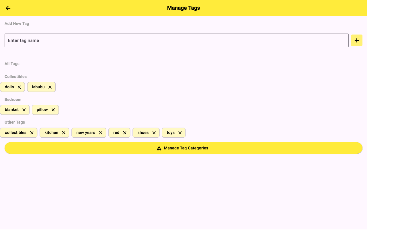 2PACK tags management screen showing tag list with colors