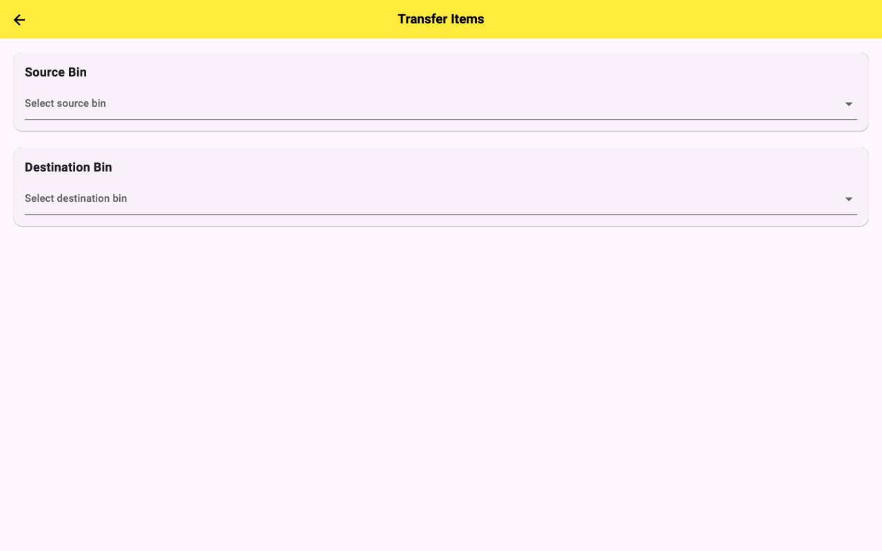 2PACK move items screen with multi-select and destination bin picker