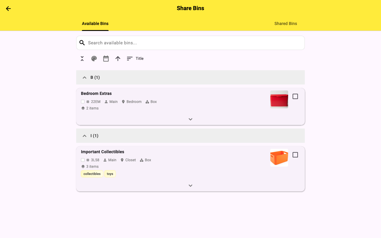 2PACK share bins screen with email input and permission selector