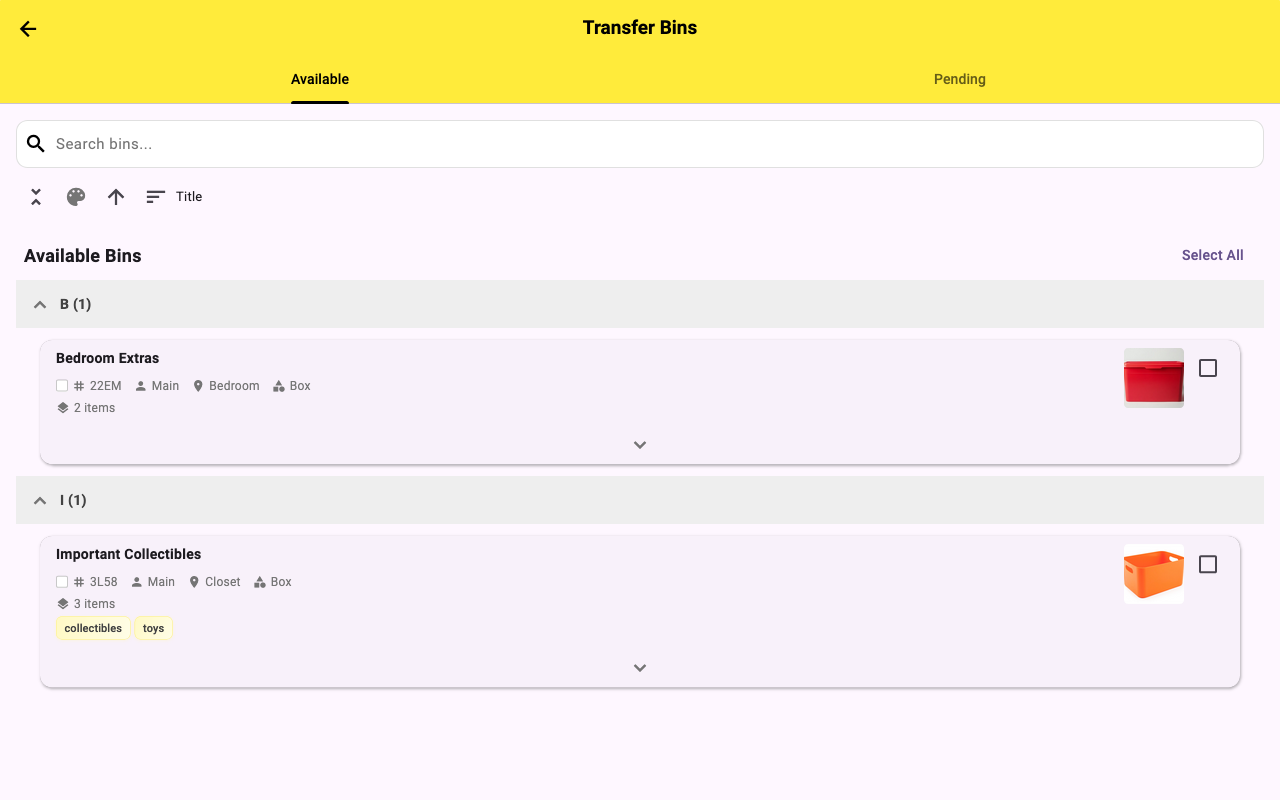 2PACK transfer bins ownership screen