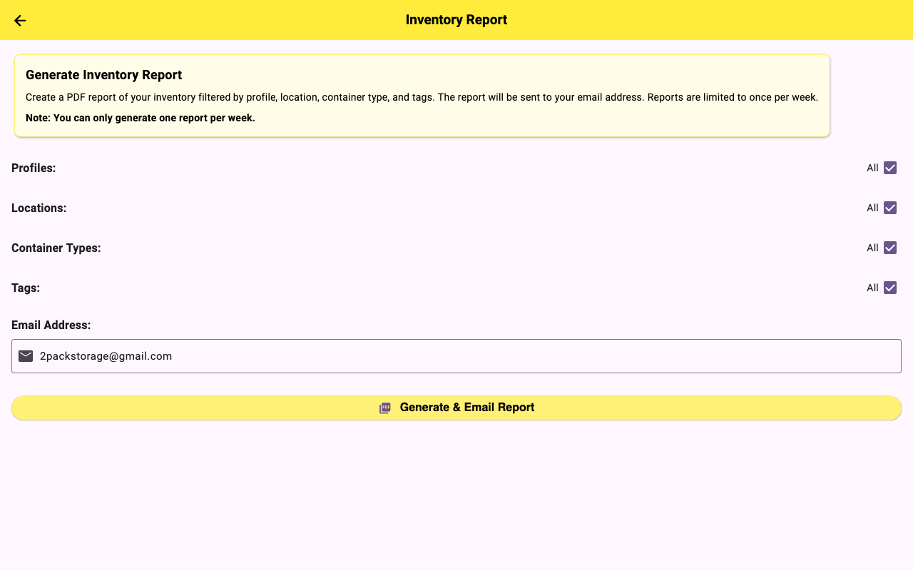 2PACK inventory report filter screen with profile, location and tag selectors