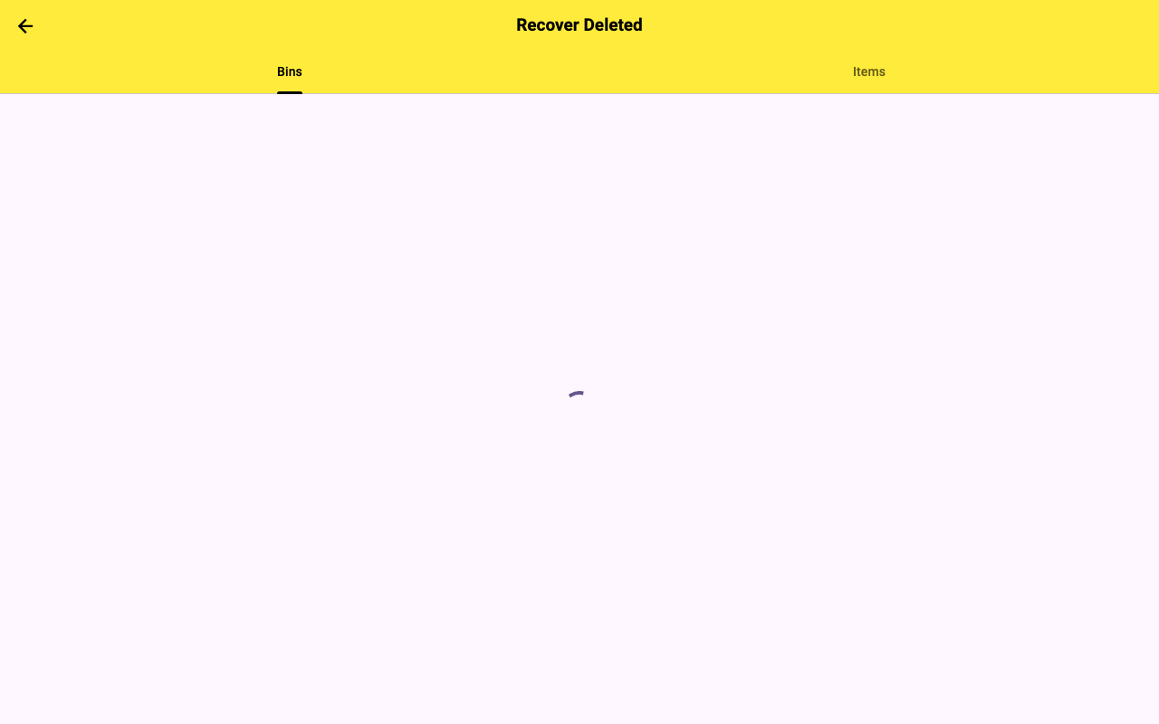2PACK recover deleted items screen showing recently deleted bins and items
