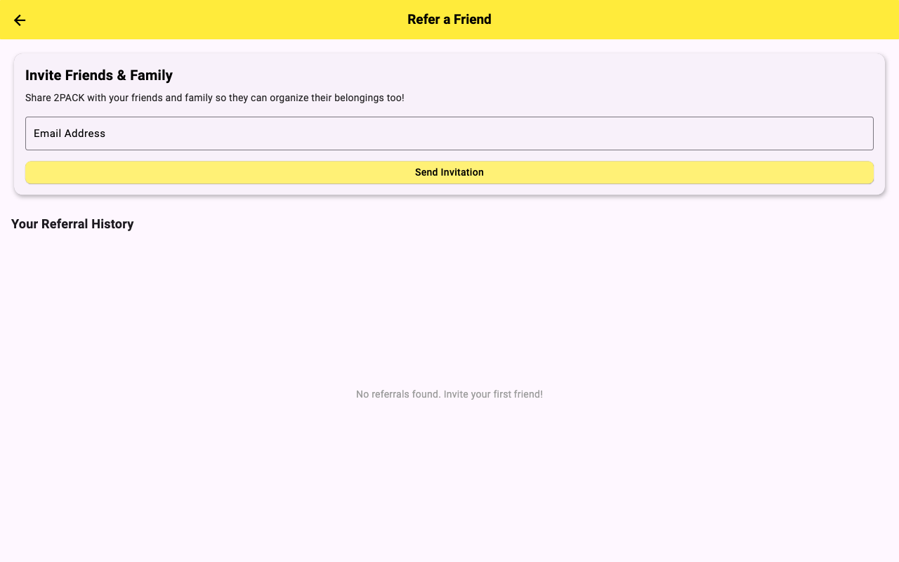 2PACK refer a friend screen with referral link