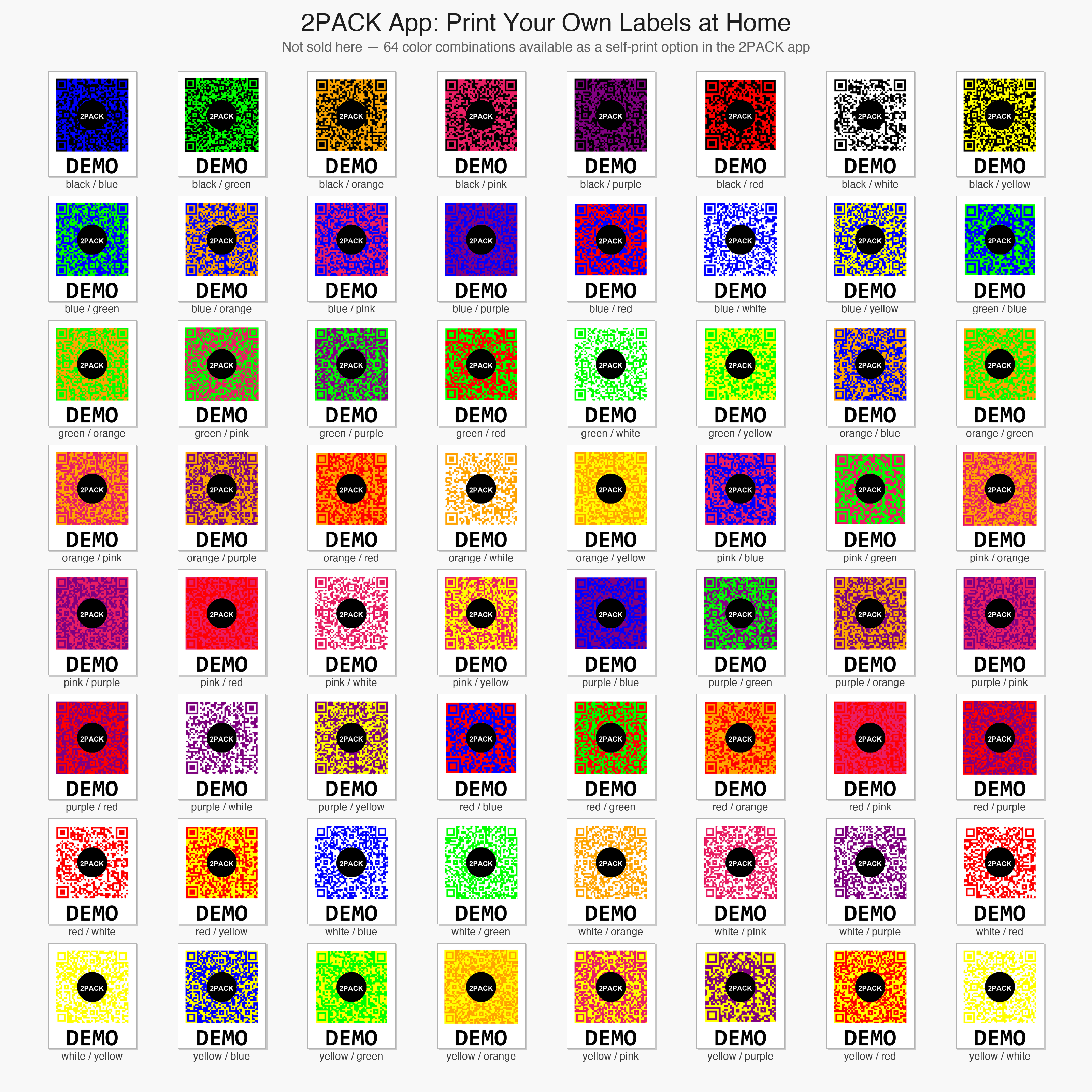 64 color combinations available for self-print QR storage bin labels in the 2PACK app